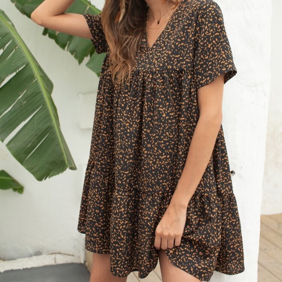 Smock Dress Black/Tan Print - Picture 1 of 6